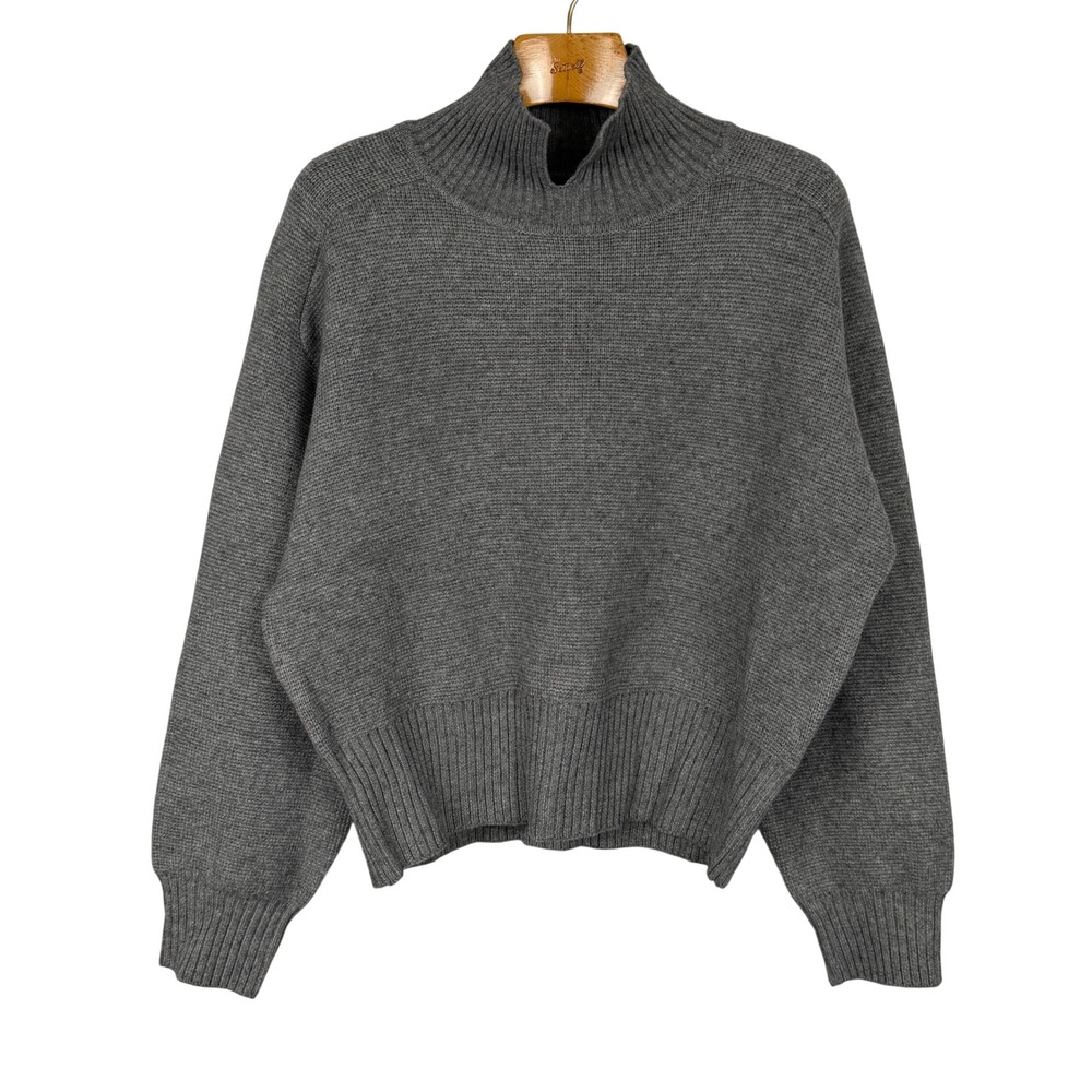 Zara Women L Gray Oversized Split Mock Neck Sweater Balloon Sleeve Knit Pullover